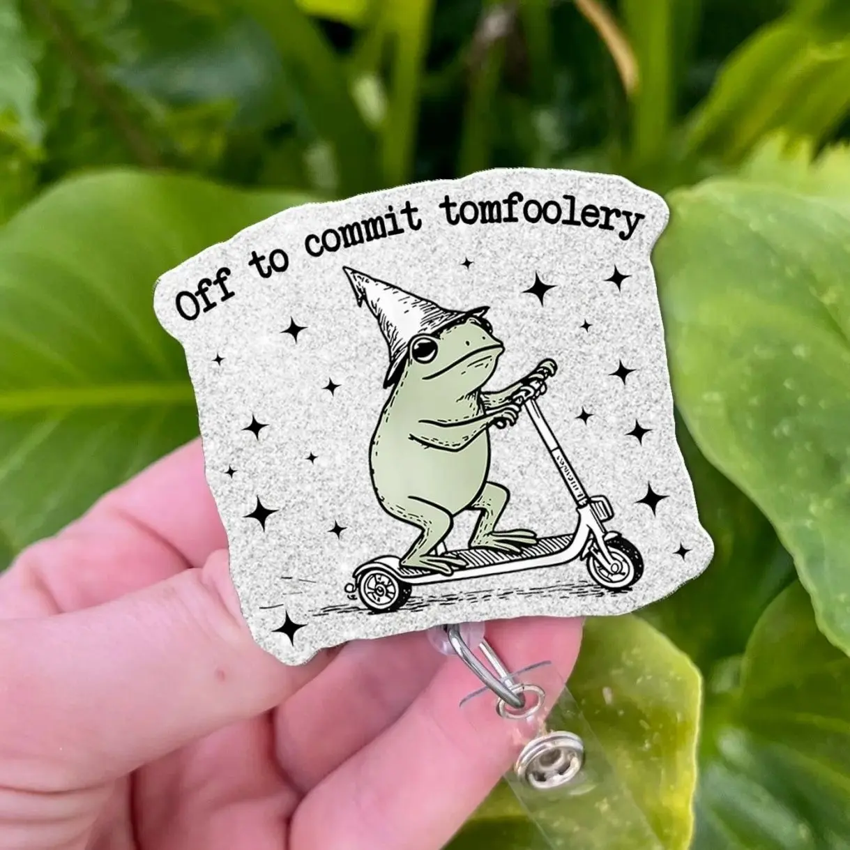 Funny Frog Badge Reel | Off to Commit Tomfoolery ID Holder | Cute Scooter Frog Badge Clip | Nurse Teacher Office Badge | Frog Lover Gift