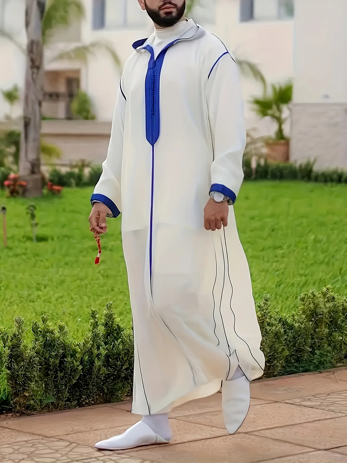 Men's Loose Moroccan Thobe – Modern White Hooded Djellaba with Blue Stripe, Long Sleeve Islamic Robe for Ramadan & Everyday Wear Modest Traditional Arabic Robe