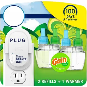 Plug In Air Freshener, Odor-Fighting Scented Oil Starter Kit, Air Fresheners for Home and Bathroom and Kitchen, Long Lasting for Strong Odors, Gain Original Scent, Warmer + 2 Refill