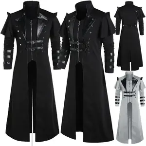 Medieval Renaissance punk leather long slit jacket, suitable for stage performances, photography, men's clothing