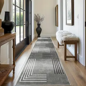 European Light Luxury Easy Long Runner Rug, Premium Gray Design Floor Mat, Easy Clean Machine Washable Kitchen Living Room Carpet, Suitable for Runners Entryway Laundry Room Mat