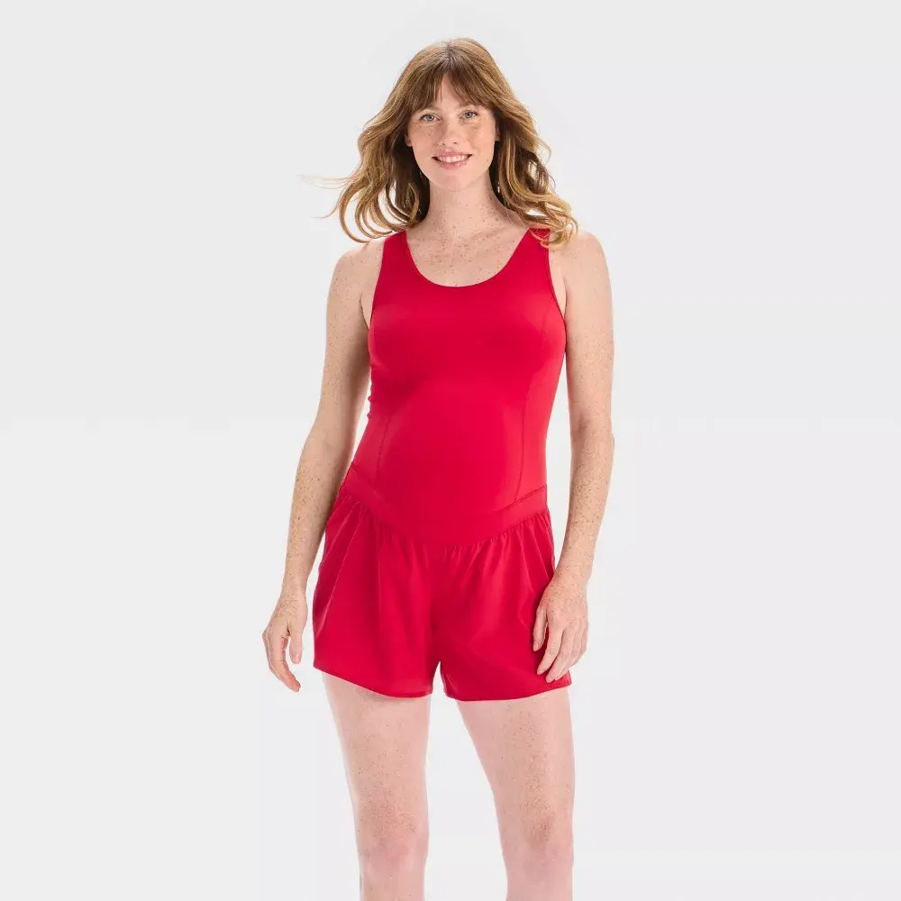 Women's Fitted Plain Elastane Athletic Maternity Romper - Yoga Wear, Isabel Maternity by Ingrid & Isabel, Sleeveless, Athletic Rompers And Jumpsuits