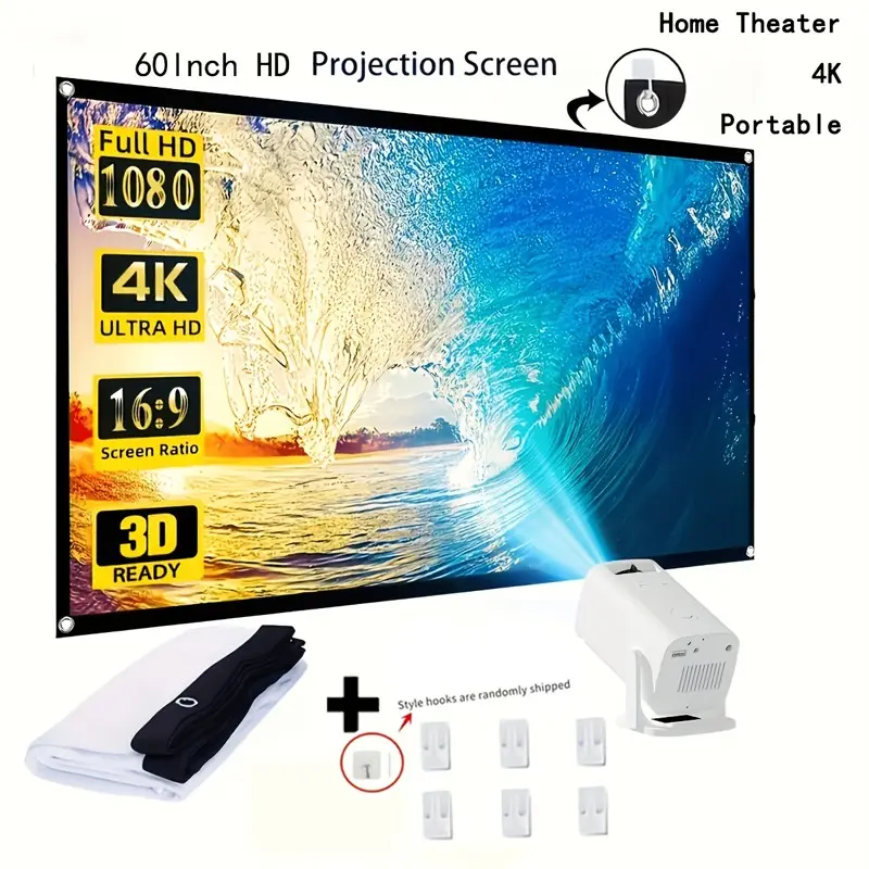 100-Inch 4K Ultra HD 3D Portable Projector Screen, 16:9 Aspect Ratio, Wrinkle-Free Washable Polyester, Includes Mounting & Storage Bag, Projection Screen