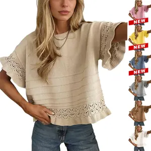 Tanming Womens Short Sleeve Sweater Round Neck Ruffled Hem Knit Crochet Pullover Casual Top Blouse Springfresh Summer Outfit