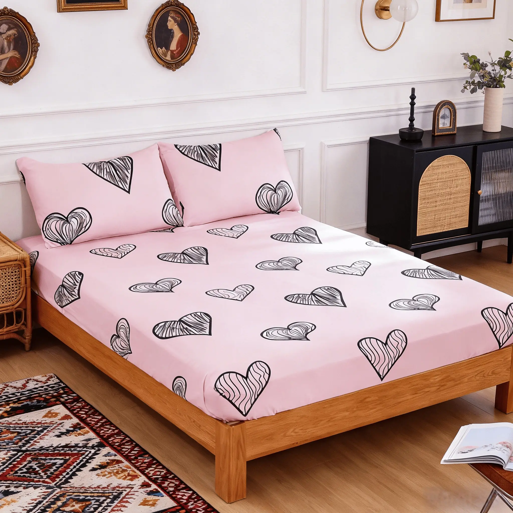 Cute Heart Bed Sheet Set, Non-Slip, Easy to Remove, Durable, Versatile 3-Piece Set, Soft Bedding Sheet, Includes 1 Bed Sheet + 2 Pillowcases, Soft Comfortable, Bed Sheets Set