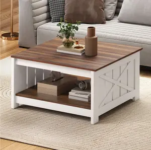 Rustic Farmhouse Coffee Table with Half-Open Storage, Square Rustic Wood Cocktail Table for Living Room, Brown with White