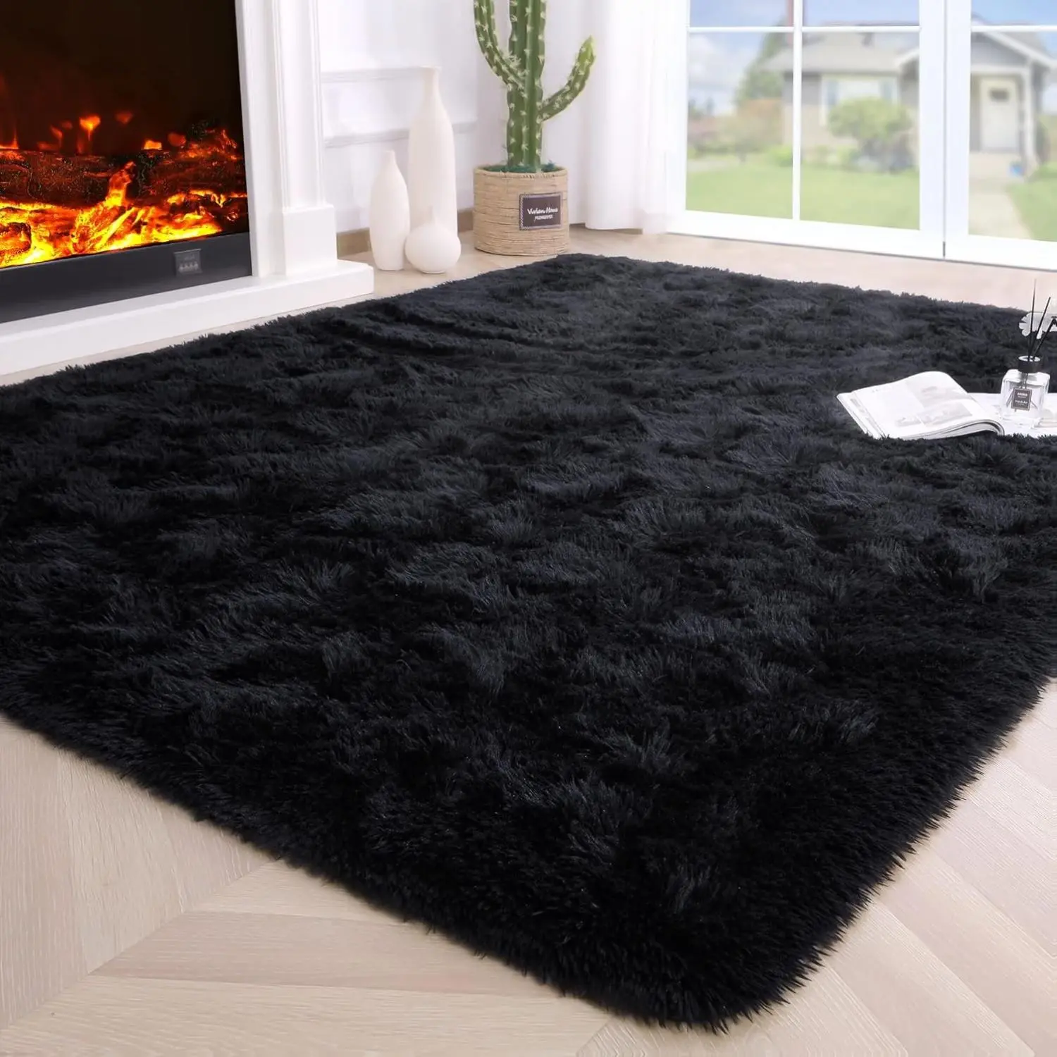 [New Deal] - 4x5.3 Feet Black Rugs for Bedroom,Thick Shag Throw Floor Carpet,Soft Shaggy Bedside Non-Slip Plush Dorm Nursery Kids Rug Home Decor Aesthetic
