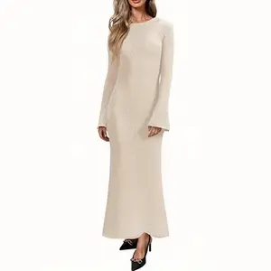 Womens Bell Long Sleeve Maxi Dress Casual Crewneck Slim Fit Flowy Sweater Dress