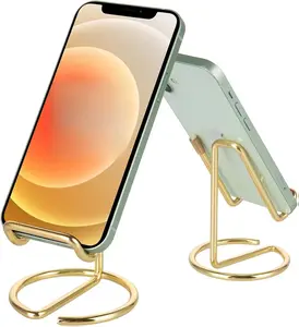 Gold Metal Cell Phone Stand for Desk - High-Quality Electroplating, Ergonomic Angle, Free Hands, Compatible with iPhone, iPad, Switch, All Mobile Phones