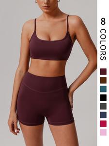 women's solid crop sports bra & high waist shorts set, casual comfy breathable two-piece for yoga gym workout running, ladies sportswear for all seasons, yoga gym activewear