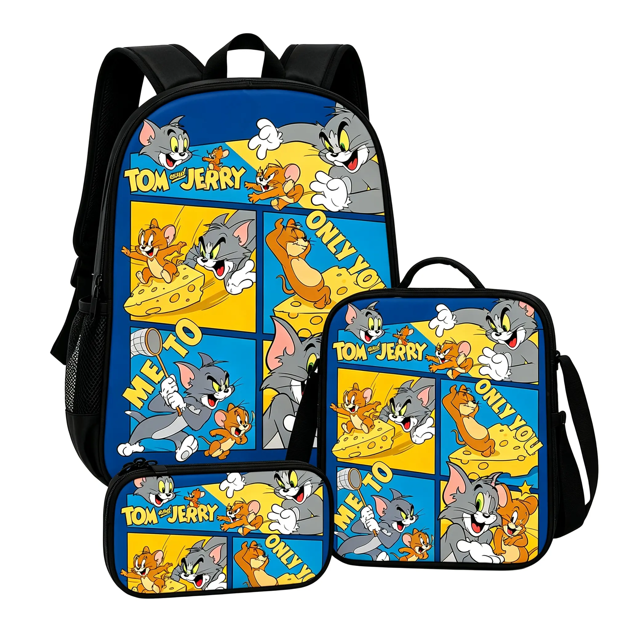 Tom and Jerry 3-Piece Backpack Set, Kids Cartoon School Bag with Matching Lunch Bag and Pencil Case, Back to School Essentials for Students,sport backpack,lightweight,Pastel,Embroidered,Canvas,Tote,Bags,Adjustable,Crossbod,Men,Chri,Drawstring,Gym,Sackpack