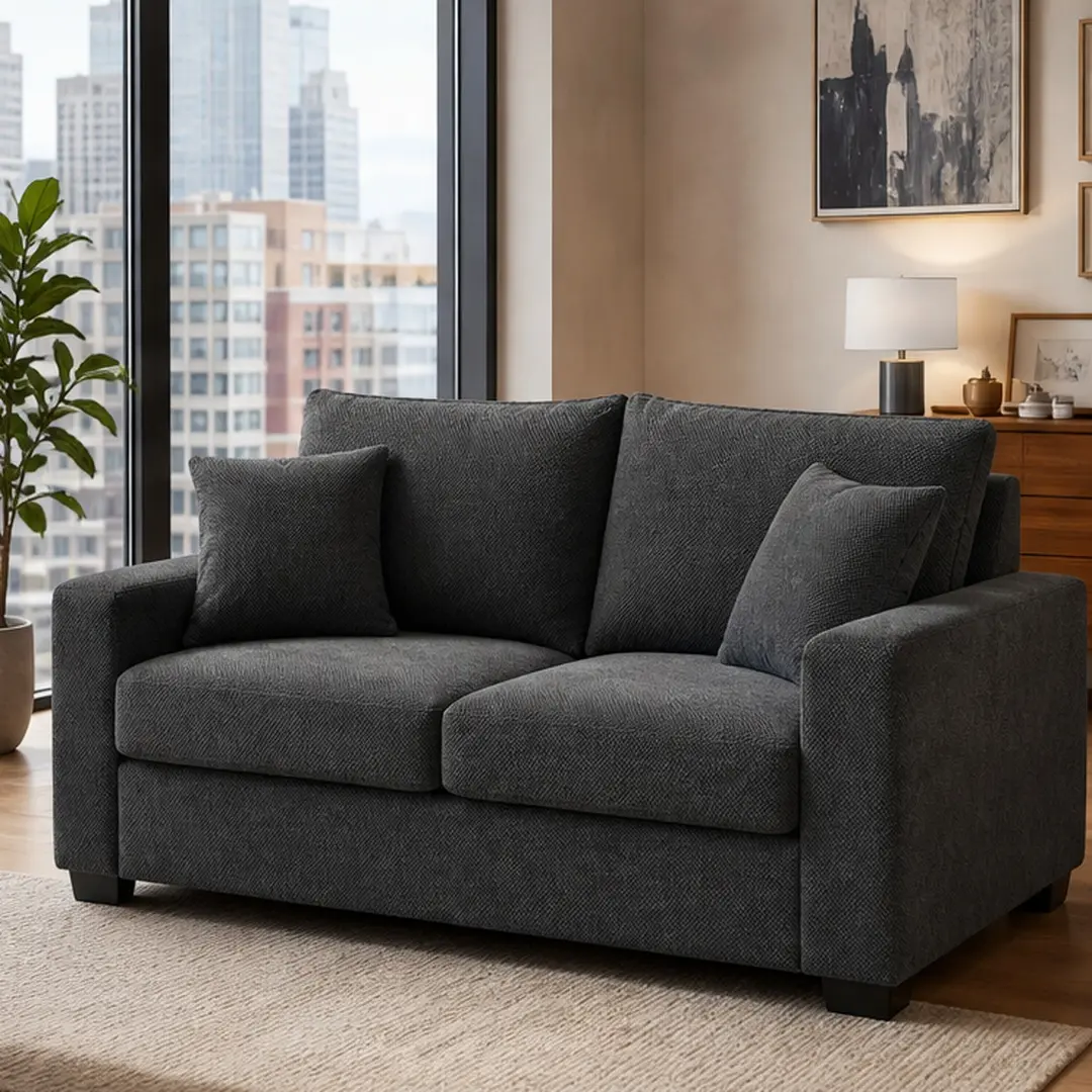 ARCH 69-Inch Two-Seater Loveseat Sofa with Textured Fabric, Cushion Back, Square Arms, 2 Throw Pillows, Sturdy Plastic Legs, Mid-Century Modern Couch for Living Room, Apartment, Office, Dark Grey, Black/Coffee/DARK GREY/Dark Green Color Options
