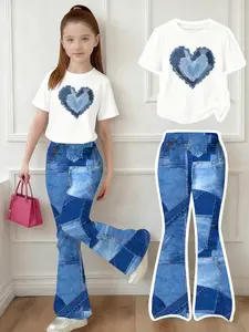 Girls Casual Fashion T-Shirt & Bell Bottom Pants Set, Faux Denim Print Design, Spring Summer Fall, School Outdoor Activities Party Gift, Clothing Sets, Summer Clothes Set, Summer Outfits Set