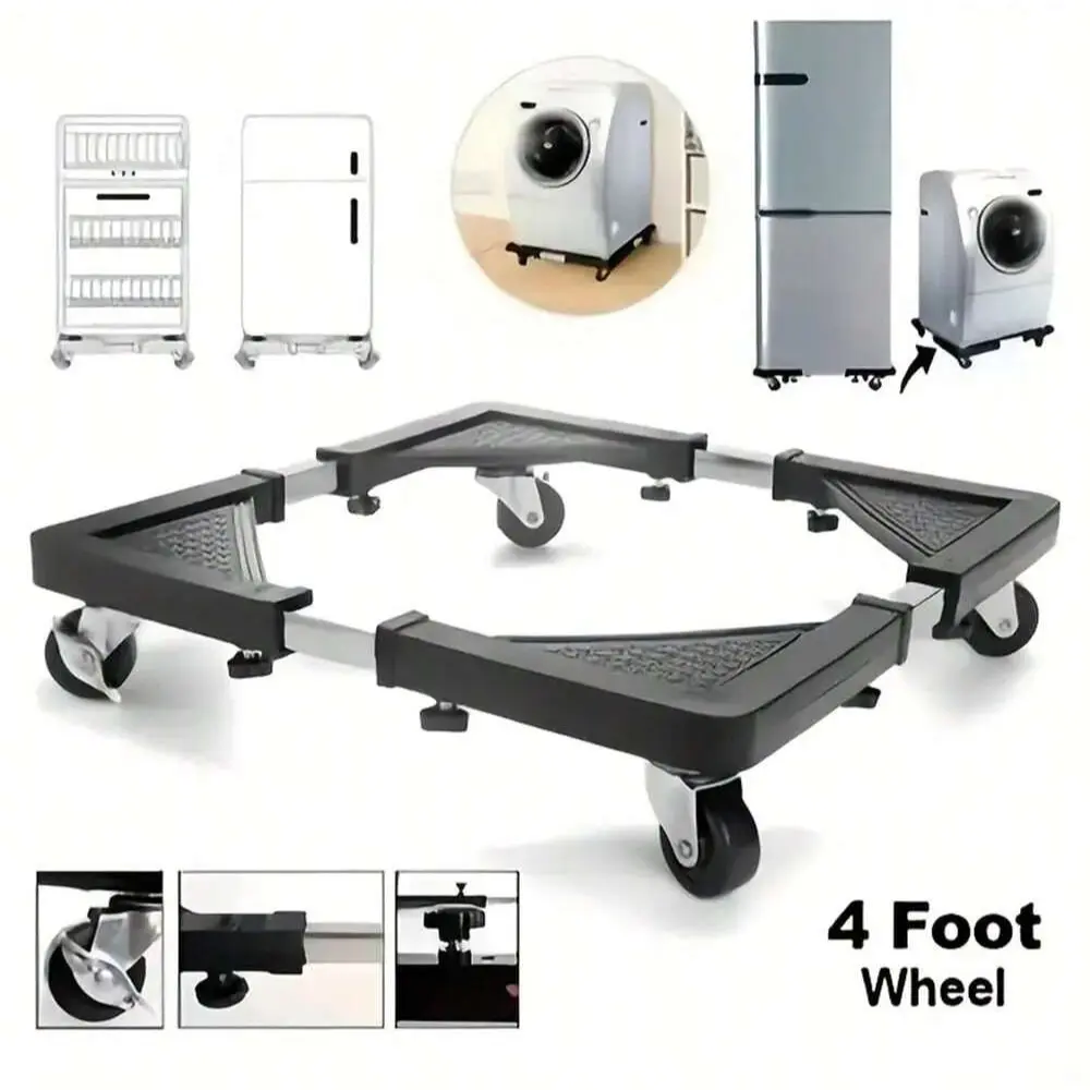 4-Caster Stainless Steel Durable Household Appliance Cart, Adjustable Movable Roller Base, Suitable for Refrigerator, Washing Machine & Dryer, Space-Saving Kitchen Storage Rack