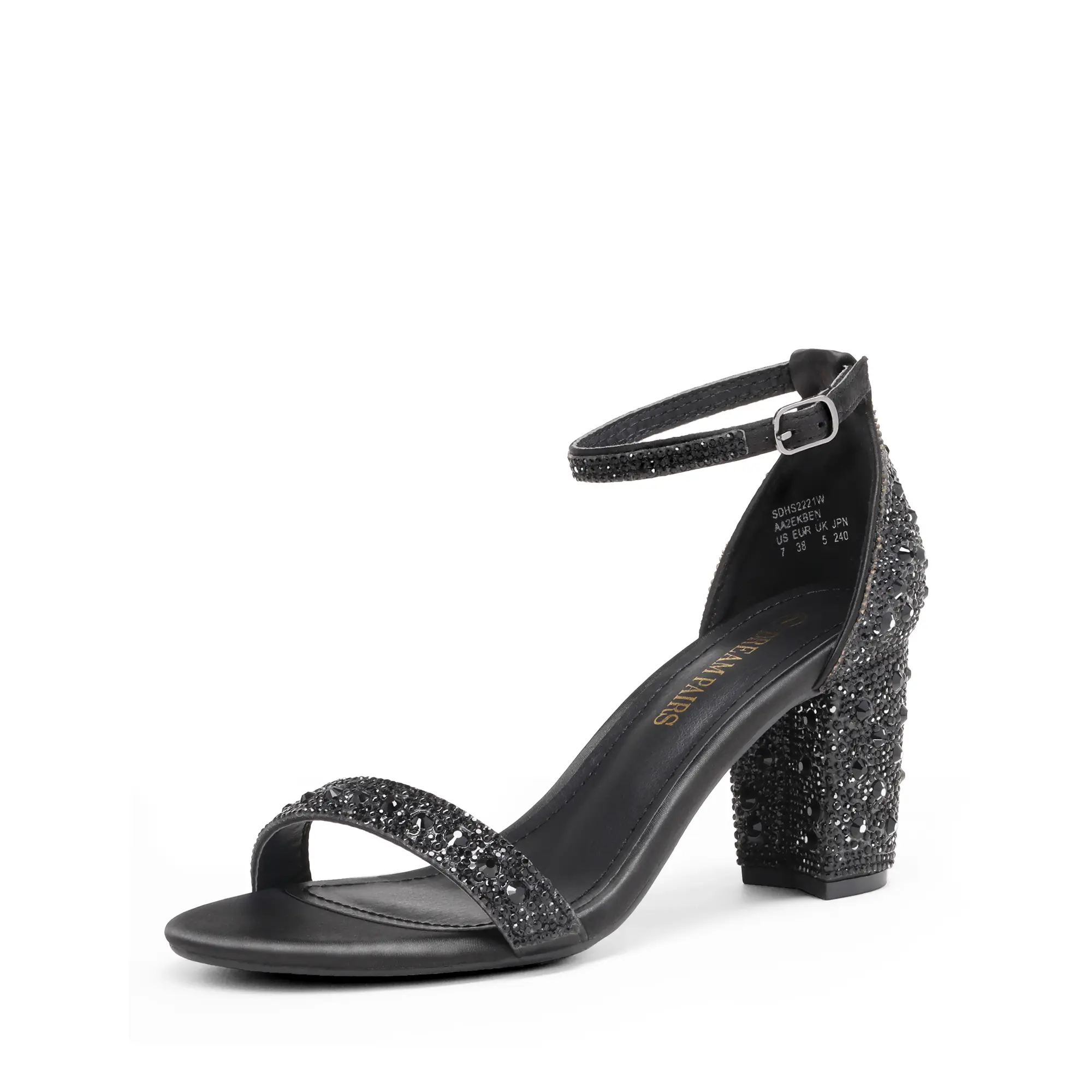 Dream Pairs Women's Rhinestone Strappy Heeled Sandals, Comfortable Chunky Block Heel Dress Shoes with Ankle Strap & 3-inch Padded Insole, Black Strappy Sandals, Embellished Platform Sandal