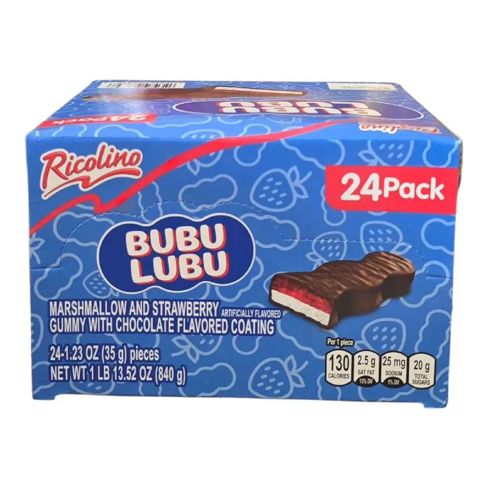 Ricolino Bubulubu - 24 Pack of Marshmallow & Strawberry Gummy Candies with Chocolate Coating from Mexico