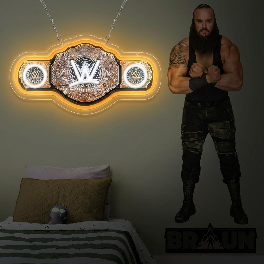 WWE World Championship Belt Neon Sign Wrestling Neon Light LED Wall Decor for Gaming Bedrooms, Match Parties, Sports Fan Gifts, Wrestling Gifts, Sports themed Lighting, Gym Decor and Man Cave
