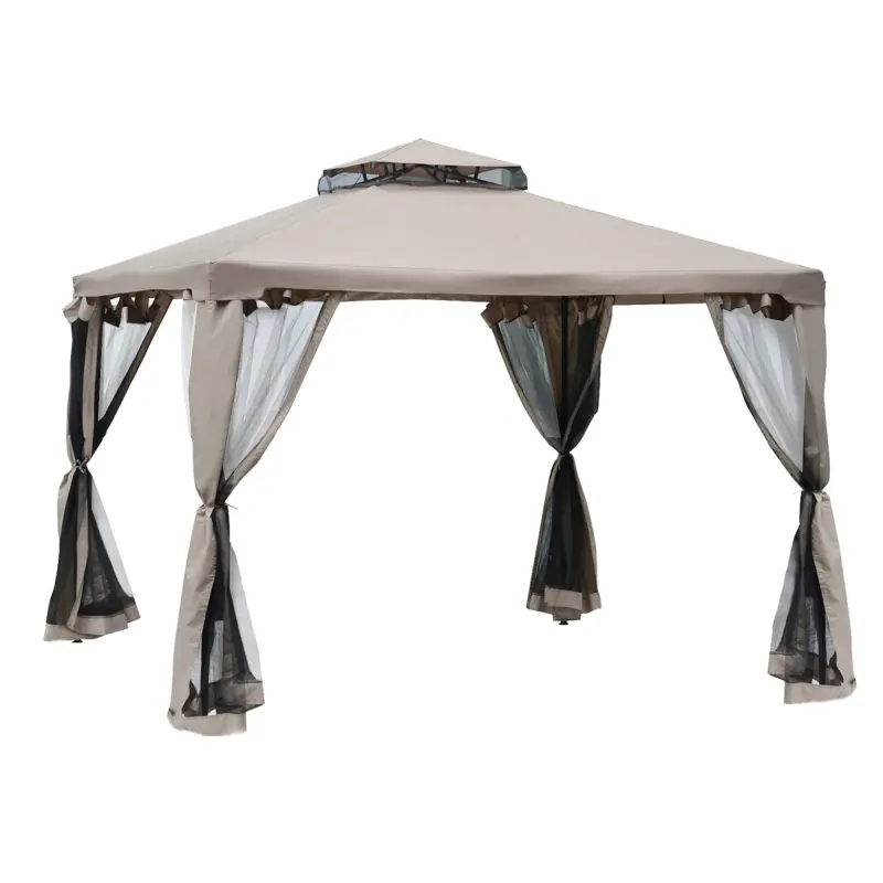 Taupe Metal & Stainless Steel Frame Rectangle Patio Gazebo, 9.6'L x 9.6'W x 8.7'H Large Area Windproof Waterproof Vented UV-Blocking Canopy, 2-Tier Roof, Mesh Netting, Ropes, Stakes, Assembly Required for Backyard, Lawn