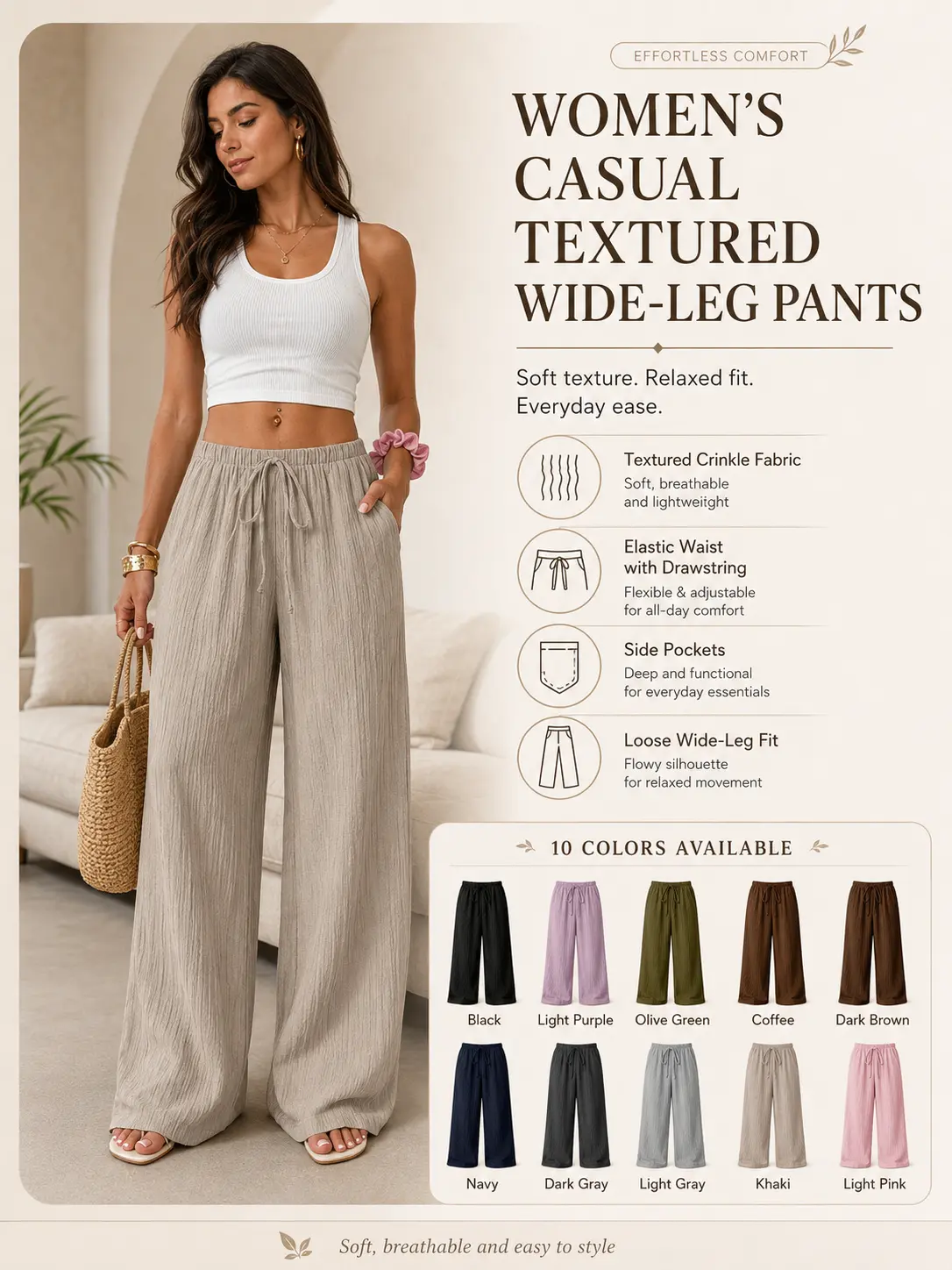 Women's Polyester Fabric Textured Crinkle Wide Leg Joggers - Elastic Drawstring High Waist Casual Palazzo Trousers with Side Pockets, Lightweight Breathable Loungewear for Daily Travel, Matching Crop Outfits