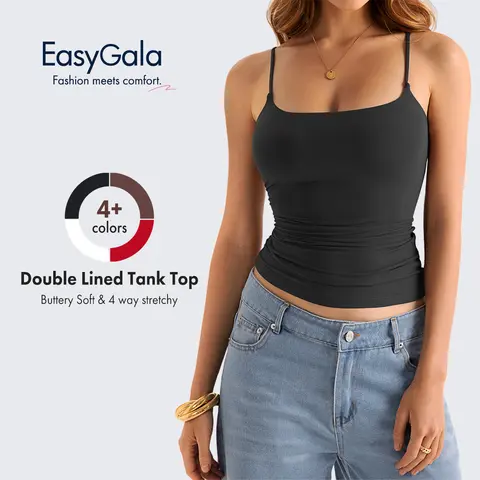 EasyGala Women's Double Lined Square Neck Tank Top Adjustable Spaghetti Strap Cami Criss Cross Back Slim Fit Y2K Going Out Top Soft Stretch Summer Outfit Layering Camisole Shirt Trendy Women's Tops Date Night Clubwear