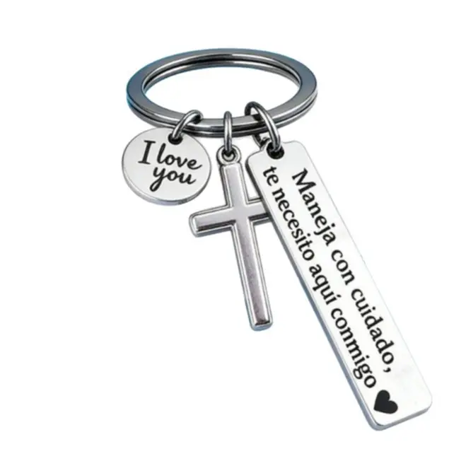 Stainless Steel "Maneja Con Cuidado Te Necesito Aquí Conmigo" Keychain - Cross Charm, "I Love You" Charm, Spanish Drive Safe Keyring, Romantic Religious Gift for Couples, Adjustable Heart Rate Bracelet Set, Rotating Retractable Reading Badge Holder