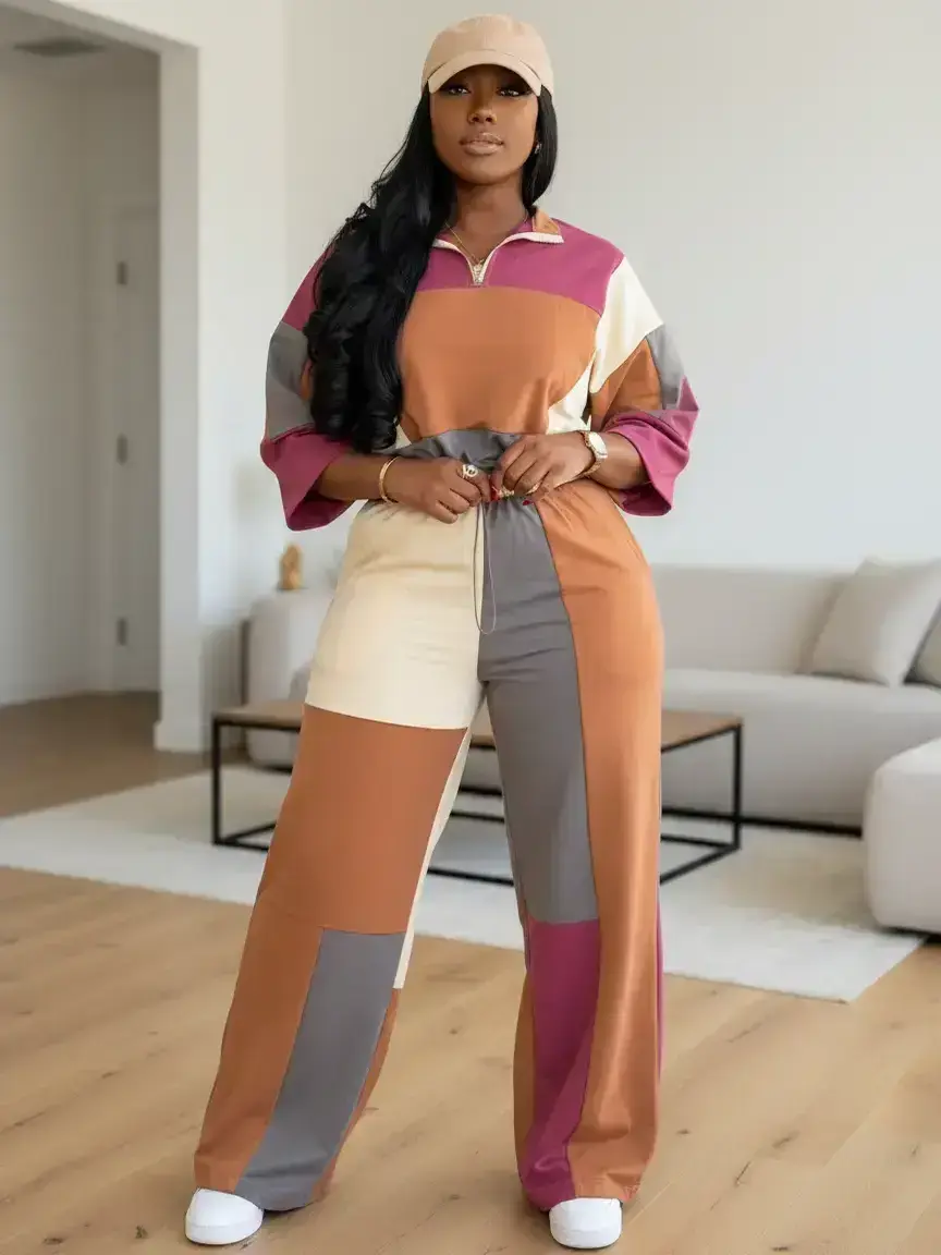 Two-piece Set Women's Colorblock Zip Up Jacket & Wide Leg Pants, Casual Fashion Cozy Breathable Oufits for Daily Outdoor Wear, Ladies Clothes Top for Spring