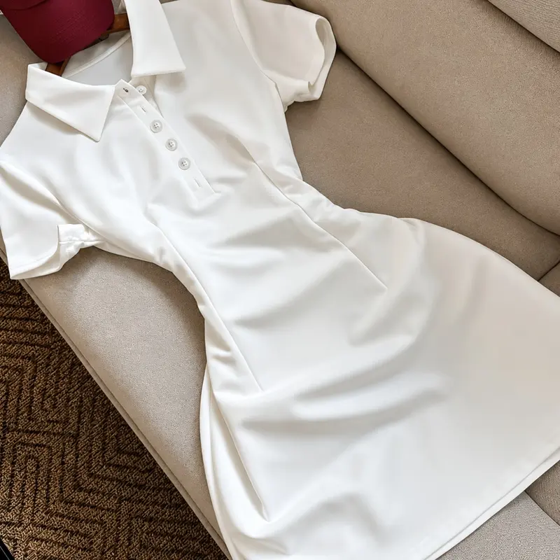 Elegant Women's Solid Color Lapel Short Dress, Basic Simple Fashion for Daily Wear, Women’s Polo Collar Bodycon Shirt Dress    Short Sleeve Tennis Dress  Minimalist Style, Perfect for Casual Chic, Bodycon Fit