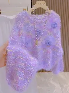 Women's Colorful Floral Knitted Sweater, Spring & Fall Fashion Top, Sweet Style Design, Perfect for Casual Wear, Stylish Women's Clothing