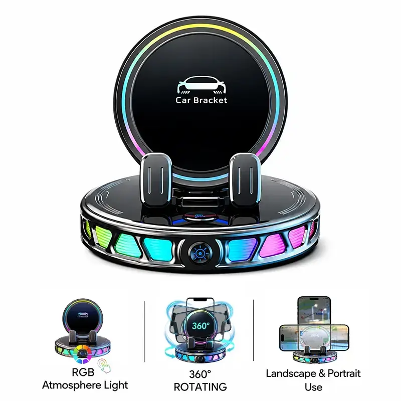 2026 Newest RGB Ambient Light Magnetic Wireless Car Charger - Phone Holder for Car, 360° Rotatable Vacuum Suction Anti-Shake Auto-Lock Dashboard Mount, Futuristic Interior Accessory, Cars Accessories, Car Lighting