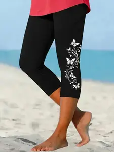 Women's Summer Seven-Quarter Pants, Floral Print Tight-Fitting Bottoms, Casual Fashion for All Seasons, Comfortable and Stylish Leggings
