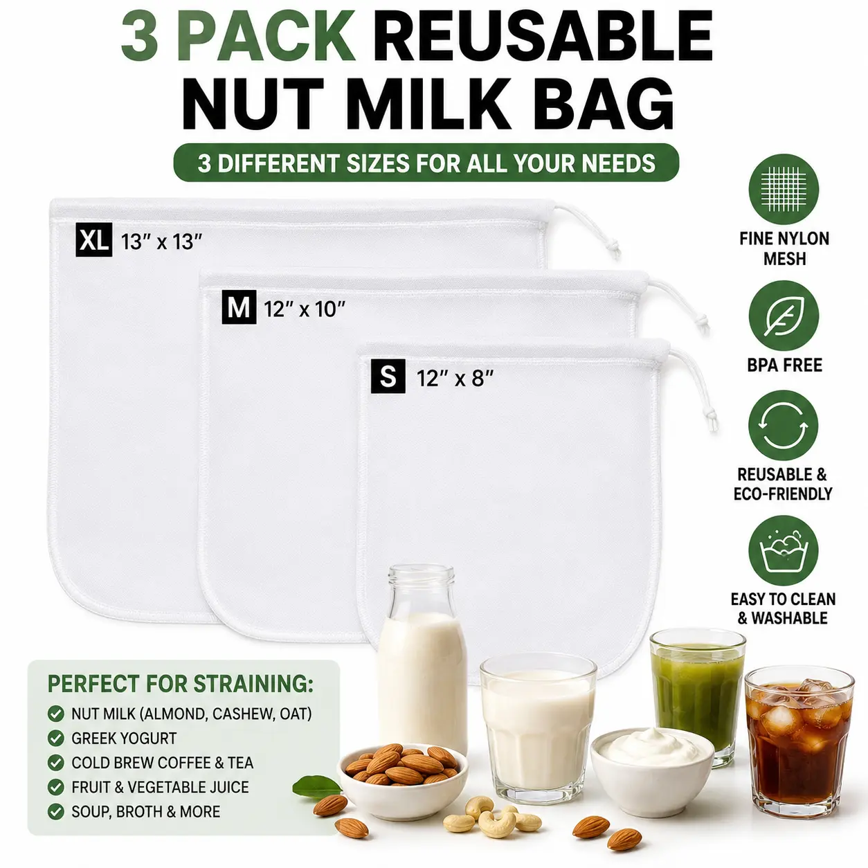 Reusable Nut Milk Bags 3-Pack Multi-Size Fine Nylon Mesh Food Strainers (8"x12", 10"x12", 13"x13") for Almond Milk, Greek Yogurt, Cold Brew Coffee