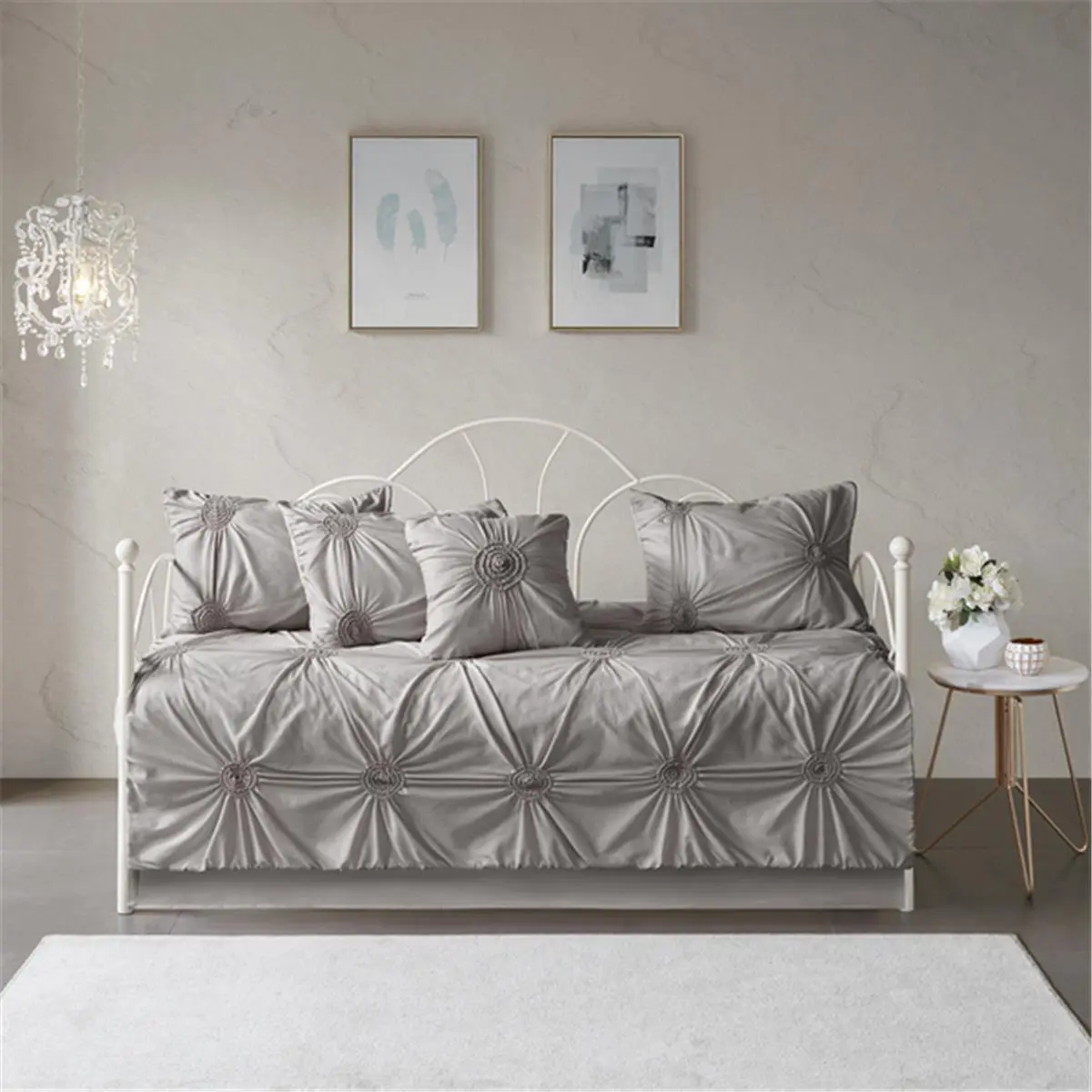 212 MAIN Lorilyn Dark Gray Geometric 6-Piece Daybed Cover Set - Quilted Back, Ruched Texture, Tufted Detail, Embroidery, Puckered Diamonds, Yarn Dye Look, Solid Bed Skirt, Charming Textural Look, Indoor Use (Guest Bedroom Enhancement)