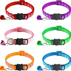 6-Piece Detachable Cat Collar with Bell, Paw Print Design, Safety Buckle, Suitable for Kittens, Width 0.4 Inches, Male or Female