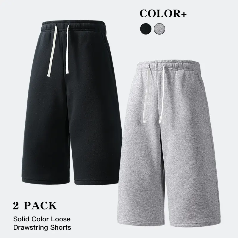 2‑Pcs Solid Color Unisex Cropped Sweat Pants Elastic Waist Drawstring Wide Leg Capri Shorts with Side Pockets for Loungewear Workout Travel Running Errands