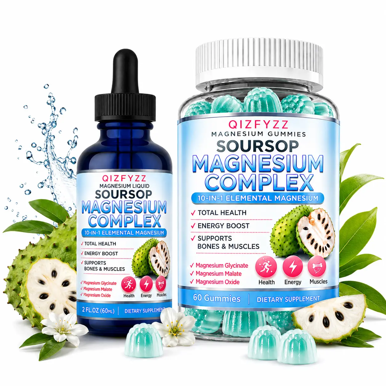 Soursop Magnesium Day & Night Formula | Liquid Drops + Gummies | Advanced 10-in-1 Magnesium Blend for Relaxation, Energy & Total Wellness