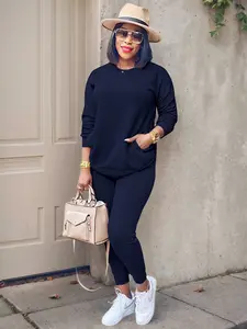 Two-piece Set Women's Solid Drop Shoulder Sweatshirt & Elastic Waist Pants, Fall Clothes, Casual Fashion Cozy Round Neck Long Sleeve Pullover & Pocket Trousers for Daily Wear, LadiesWomenswear,Downtown Girl Clothes Downtown Girl Clothes