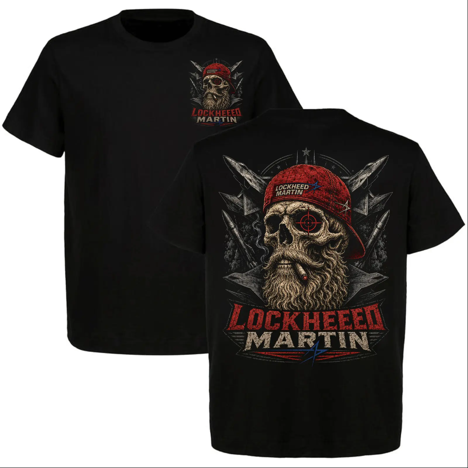 Lockheed Martin Skull T-Shirt, Fighter Jet Military Graphic Tee, Bearded Skeleton Front and Back Print Shirt for Men