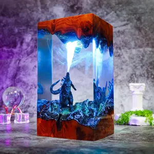 Handcrafted God.zilla King Monster Figurines Diorama with Atomic Breath Effect | Epoxy Resin Art Desk Decor | Wooden Base Ornament Gift