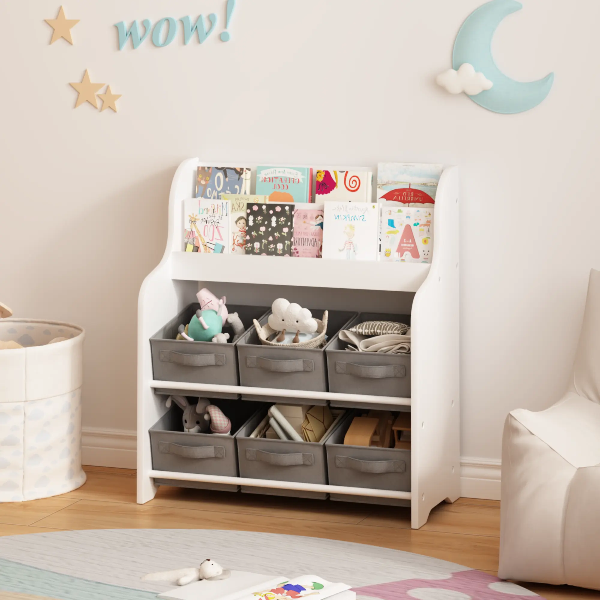 Montessori Multi-Functional Cubby Shelf - Stable MDF Wood 24.8" Wide 3-Tier Front-Facing Display, 6 Detachable Fabric Bins, 16.98 lbs, 11.8x27.95 in Baby Nursery Toy Organizer, Easy Setup, Assembly Required