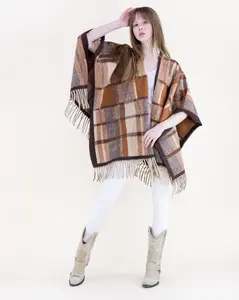 Plaid Fringed Shawl Poncho – Open Front Blanket Wrap