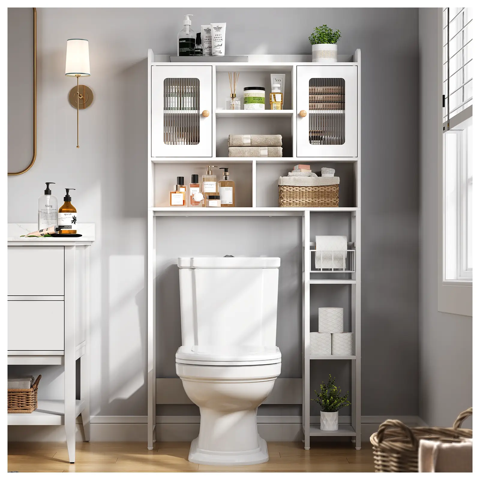 SULIVES Over The Toilet Storage with Cabinet, Sliding Barn Door, Side Storage Open Rack, Mass-Storage Over Toilet with Hooks Bathroom Organizer for Ba