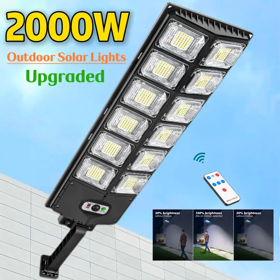 New upgraded 2000W durable solar street light, 6500K Solar Street Lights Outdoor Dusk to Dawn Wide Angle Motion Sensor and Remote, 504LEDs Solar Floo