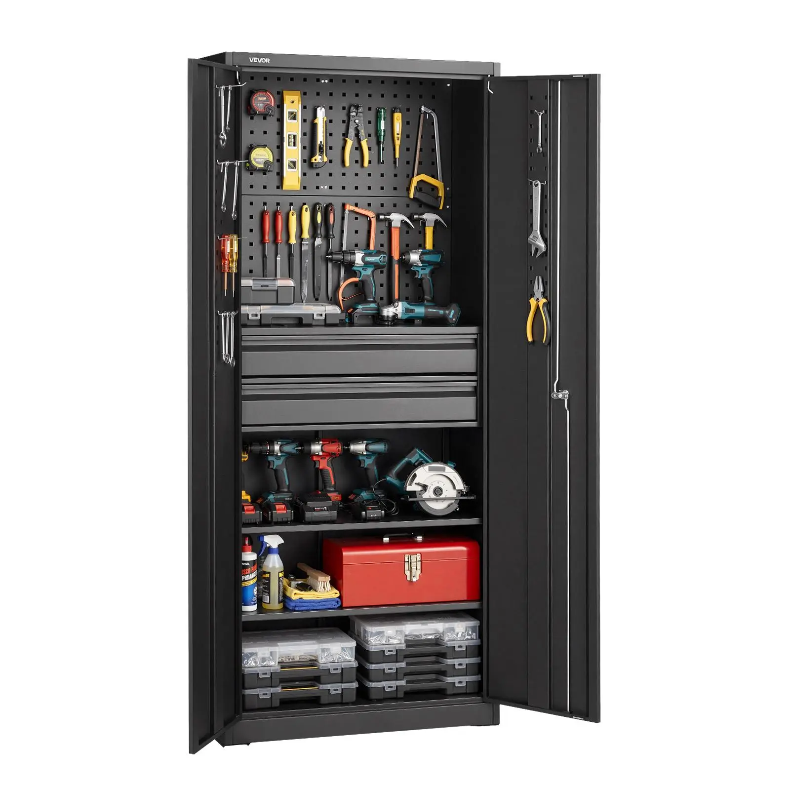 【Summerfinds】All Steel Adjustable Multi-Compartment Metal Storage Cabinet, 70.87" Tall, 180 lbs Shelf Load, 2 Locking Doors, 2 Drawers, Pegboard, Cabinet Lock Unit for Garage, Home, Adjustable Multi-Compartment Cabinets, All Steel Cabinets