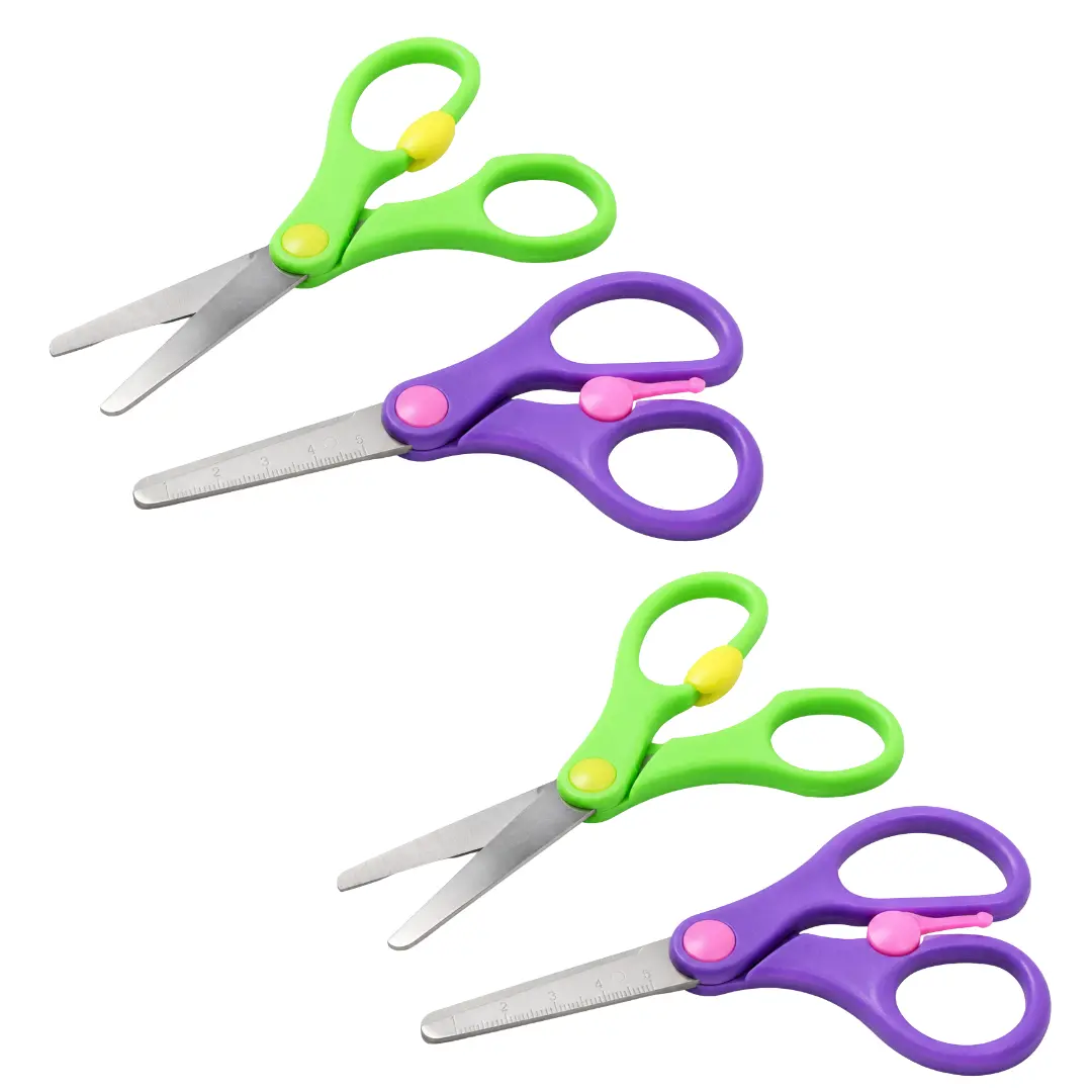 Semi-Automatic School Scissors 2-Piece Sets, Pack of 2 Sets, 4 Total Scissors, 5.5 Inch Spring Action Kids Scissors with Rounded Safety Tips, Bright Colors, Side Ruler, Classroom Desk Backpack Supplies