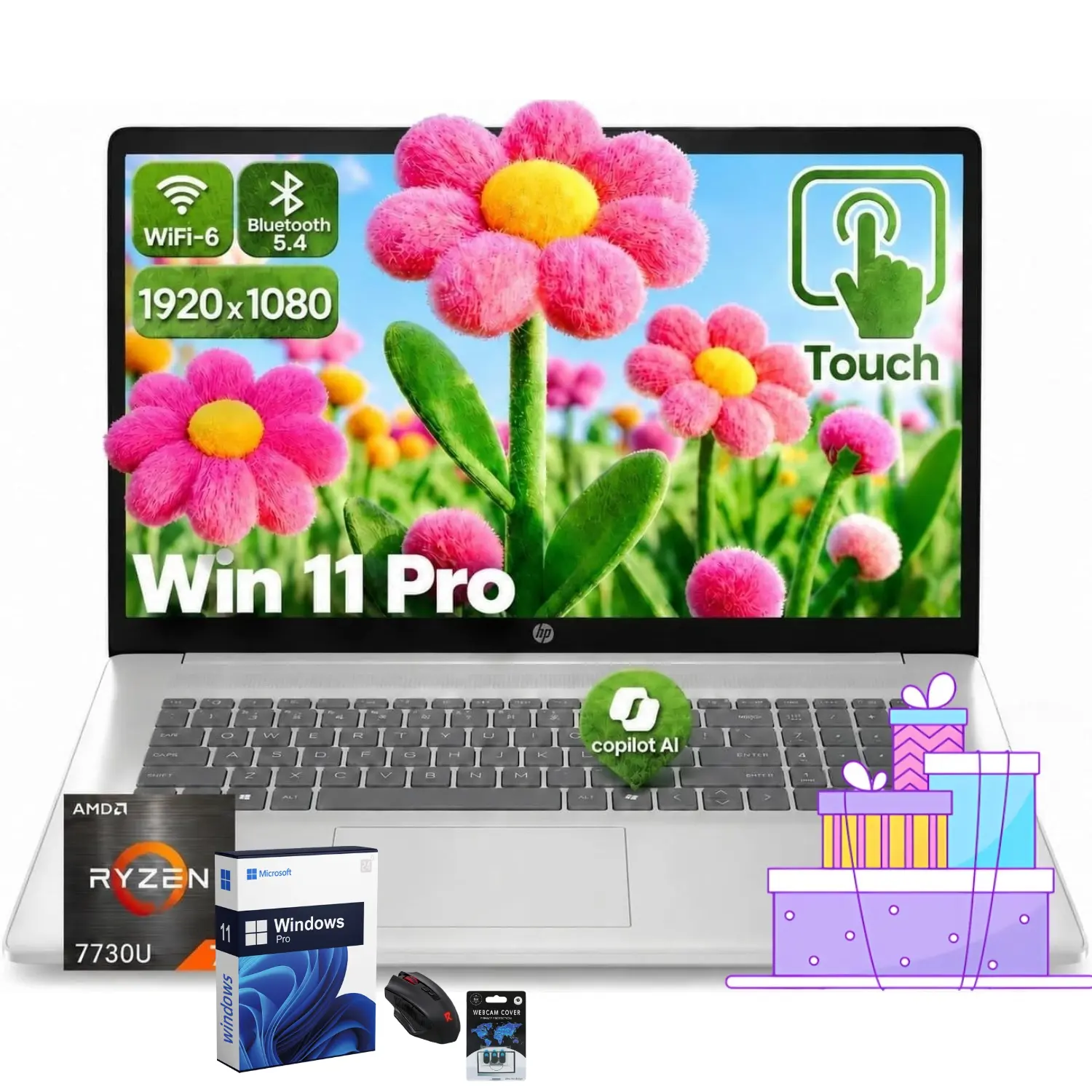 HP 15.6" LCD FHD Touchscreen Portable Laptop - AMD Ryzen 7 7730U, Built-in Copilot AI Key, Up to 32GB RAM, 1TB NVMe SSD, WiFi 6, Fast Charge, Windows 11 Pro, D1523, for Business & Study, Bundle Accessories Included, Full Hd
