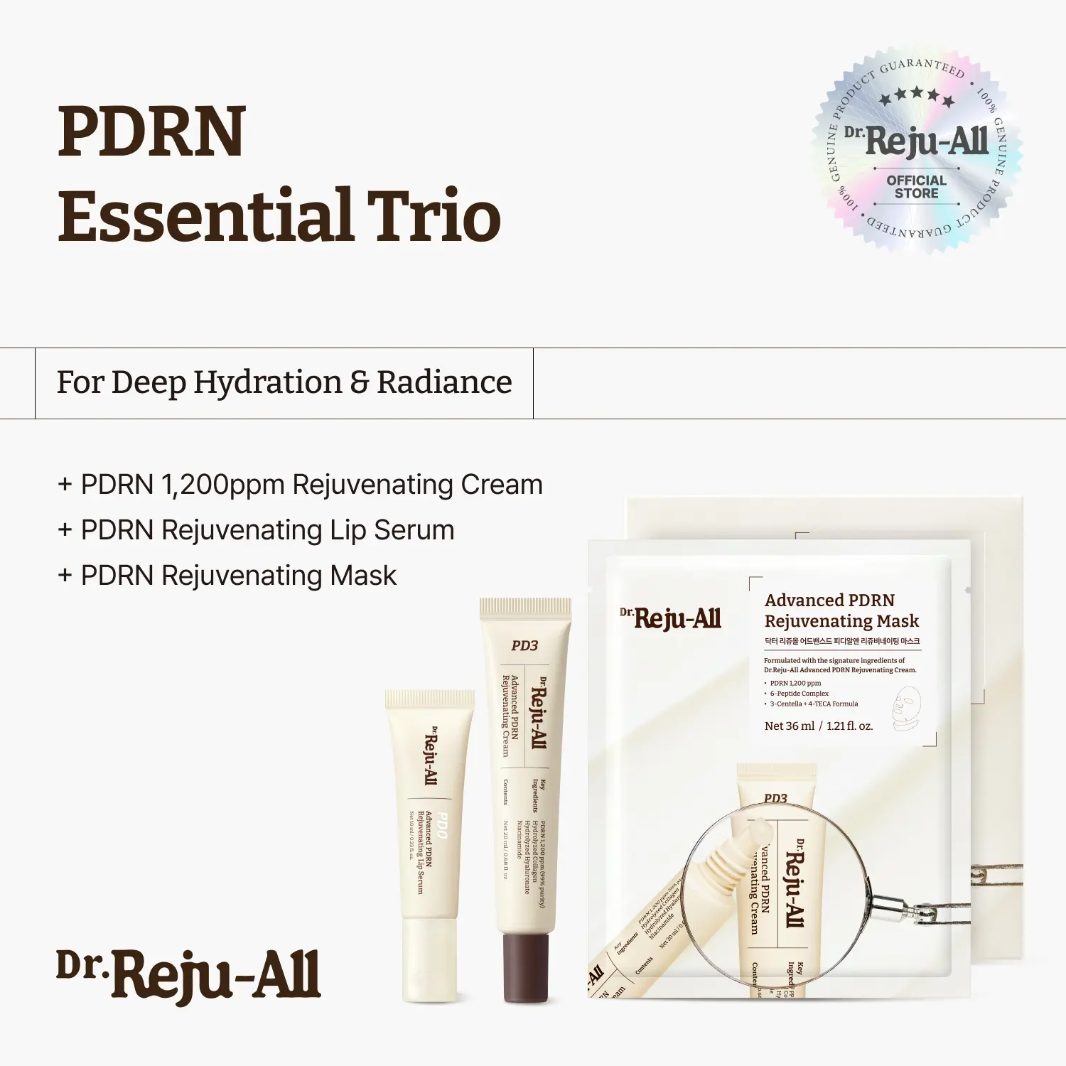 Dr.Reju-All PDRN Essentials Skincare Set for Anti-Aging & Radiance, Korean Pharmacy Daily Face Trio with Cream, Serum & Mask for Sensitive Skin, Hibiscus Rice, Deep Hydration