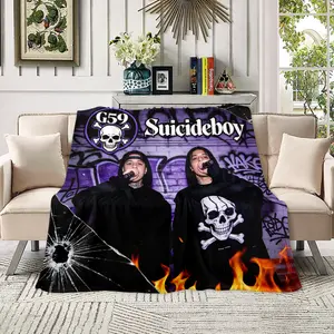 Suicideboy G59 Records Iconic Symbol Collage Fleece Blanket - Grey59 Suicideboys Dark Gothic Graffiti Ultra Soft Plush Throw, Underground Rap Merch, Streetwear Aesthetic Home Decor, Cozy Flannel Blanket for $B Fans