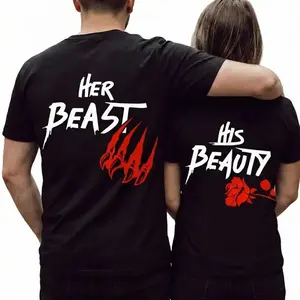 "Her Beast & His Beauty" Matching Couple T-Shirts - Trendy Anniversary Gift Tees, Valentine's Day Graphic Tops, Soft Breathable Short Sleeve Crew Neck, Stylish Matching Outfits for Couples