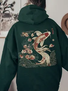 Women's Cartoon Koi Fish Print Drop Shoulder Thermal Lined Hoodie, Fashion Casual Drawstring Pocket Hooded Sweatshirt for Daily Holiday Outdoor Wear, Women Clothing for Fall & Winter, Womenswear, Casual Cozy Sweatshirt