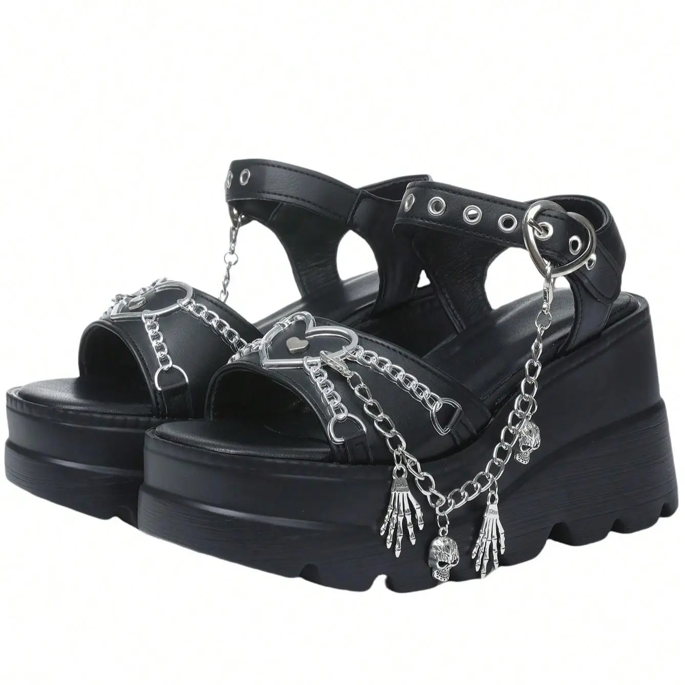 Platform Sandals Gothic Black Spider Buckle Punk Heart Chain Buckle Comfort Square Toe High Slope Heel Y2k Punk Alternative Girl Wedge Sandals For Women SpringStatements Footwear Flatform flip flops sandals for summer cute sandalswomen sandals for summer